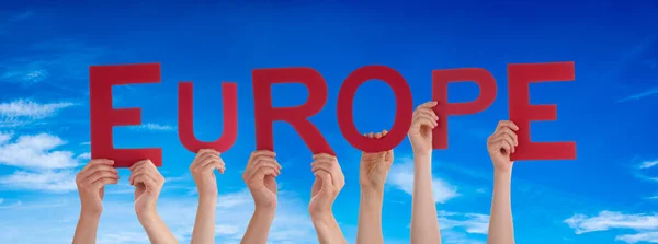 Mensen Personen Die Engelse Word Europe Bouwen Blauwe Lucht Als — Stockfoto