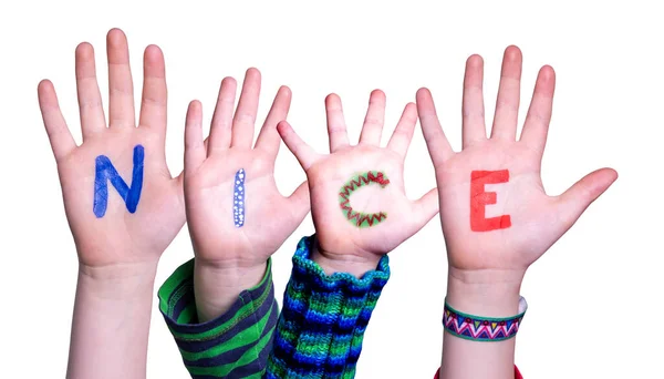 Παιδιά Χέρια Οικοδόμηση Πολύχρωμο Αγγλική Λέξη Νίκαια Μεμονωμένο Λευκό Φόντο — Φωτογραφία Αρχείου