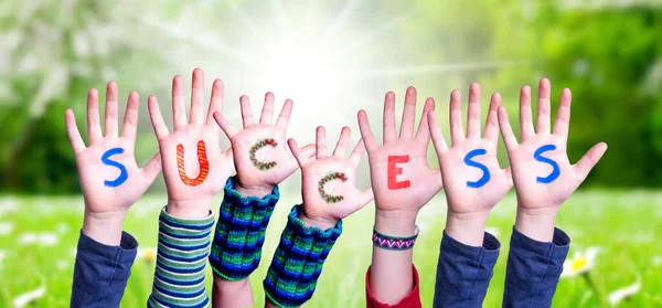 Children Hands Building Colorful English Word Success Summer Sunny Green — Stock Photo, Image