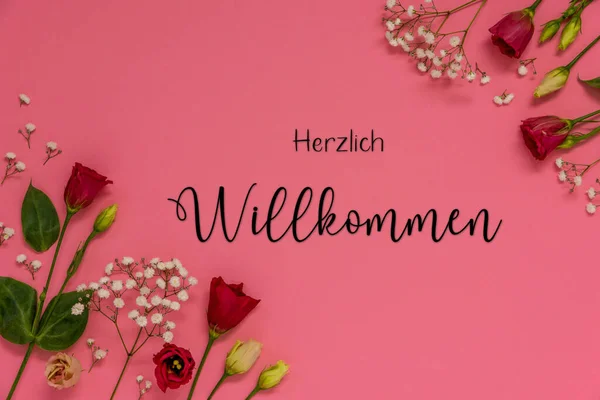 ドイツ語で赤いバラと春の花のアレンジメント Herzlich Willkommen手段ようこそ ピンクの背景とフラットレイ — ストック写真