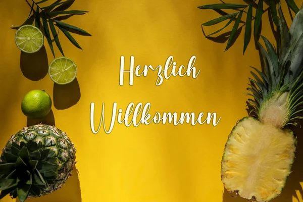 Yellow Flat Lay Com Texto Alemão Herzlich Willkommen Significa Bem — Fotografia de Stock