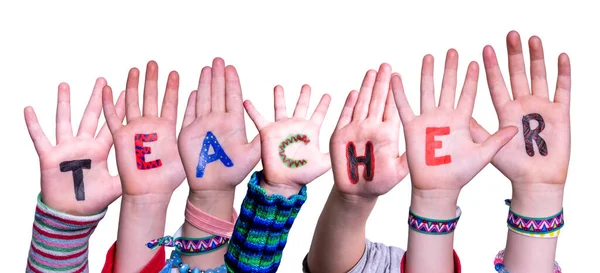 Παιδιά Χέρια Οικοδόμηση Πολύχρωμο Αγγλικά Δάσκαλος Word Μεμονωμένο Λευκό Φόντο — Φωτογραφία Αρχείου