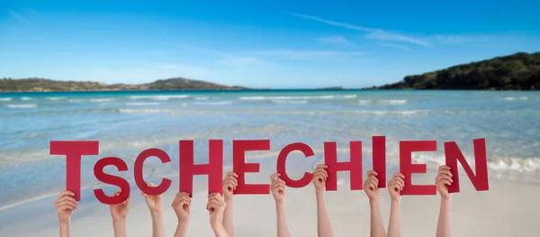 建造德语单词Tschechien是指捷克共和国 夏季海 滩背景 — 图库照片