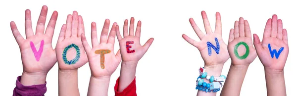 Children Hands Building Colorful English Słowo Głosuj Teraz Białe Izolowane — Zdjęcie stockowe