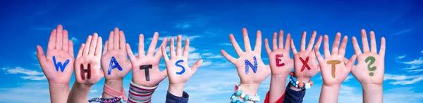 孩子们手握多彩的英语单词下一步是什么 蓝天为背景 — 图库照片