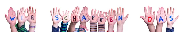 Παιδιά Χέρια Οικοδόμηση Πολύχρωμο Γερμανική Λέξη Wir Schaffen Das Σημαίνει — Φωτογραφία Αρχείου