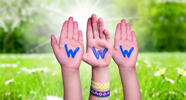 Παιδιά Χέρια Οικοδόμηση Πολύχρωμο Αγγλική Λέξη Www Ηλιόλουστο Πράσινο Λιβάδι — Φωτογραφία Αρχείου