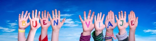 Children Hands Building Colorido Palavra Espanhola Buen Viaje Significa Boa — Fotografia de Stock