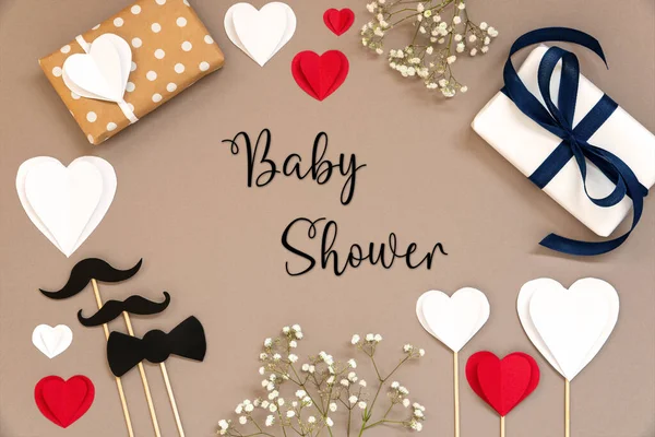 Flat Lay Angielskim Tekst Baby Shower Kolorowe Akcesoria Takie Jak — Zdjęcie stockowe