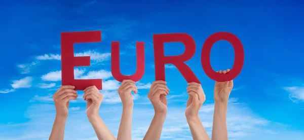 Pessoas Pessoas Mãos Construindo Inglês Palavra Euro Céu Azul Como — Fotografia de Stock