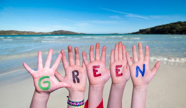 Children Hands Building Colorido Inglês Palavra Verde Oceano Verão Mar — Fotografia de Stock