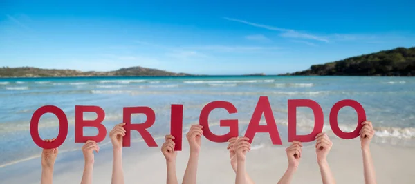 People Persons Hands Building Portuguese Word Obrigado Significa Obrigado Oceano — Fotografia de Stock
