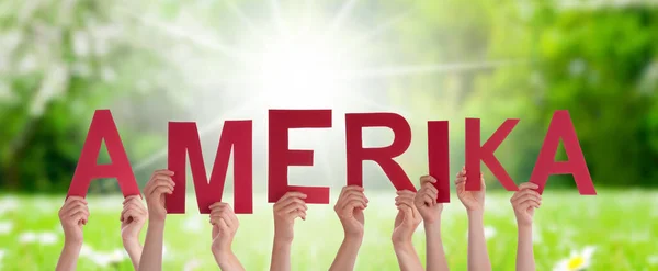 People Persons Hands Building German Word Amerika Means America Sunny — Stock Photo, Image