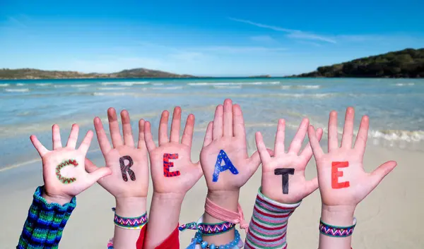 Children Hands Building Colorful English Word Create Summer Ocean Sea — Stock Photo, Image