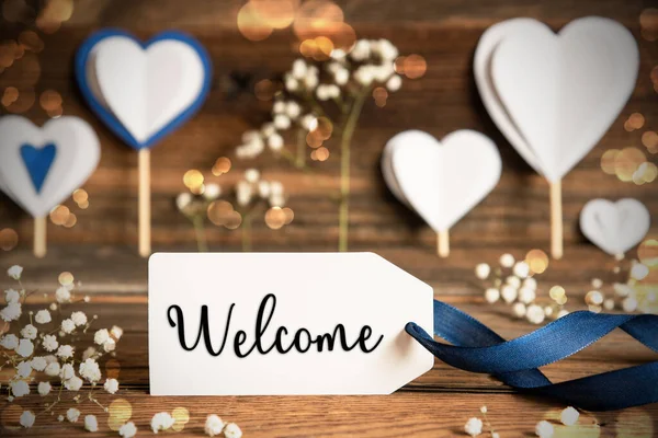 Label English Text Welcome White Festive Atmospheric Decoration Hearts Flowers — Stock Photo, Image