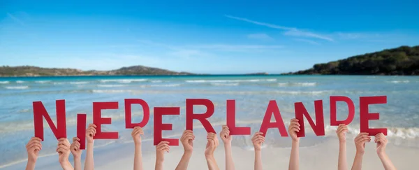 建造德语单词Niederlande意味着荷兰 夏季海 滩背景 — 图库照片