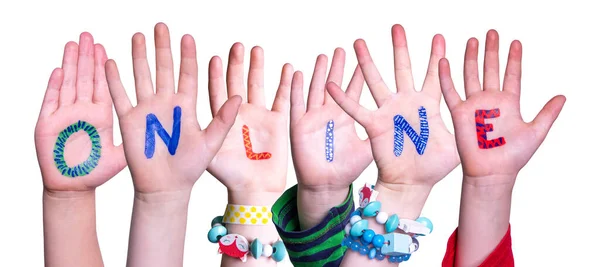 Kinderen Handen Bouwen Kleurrijk Engels Woord Online Geïsoleerde Witte Achtergrond — Stockfoto