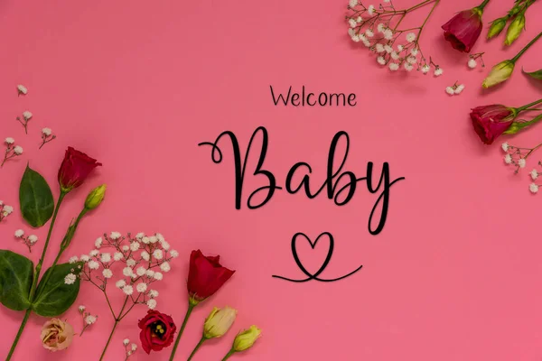 Rose Rosse Fiori Primavera Accordo Con Testo Inglese Benvenuti Baby — Foto Stock