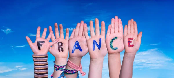 Children Hands Building Buntes Englisch Und Französisch Wort Frankreich Blauer — Stockfoto