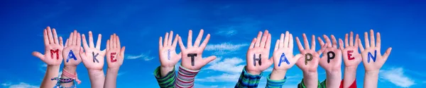 Children Hands Building Colorful English Word Make Happen Blue Sky — Stock Photo, Image