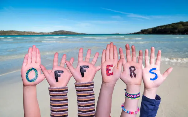 Children Hands Building Colorful English Word Offers Summer Ocean Sea — Stock Photo, Image