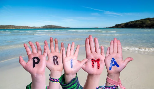 Children Hands Building Colorful German Word Prima Means Super Summer — Stock Photo, Image