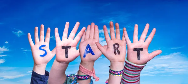 Children Hands Building Colorful English Word Start Blue Sky Background — Stock Photo, Image