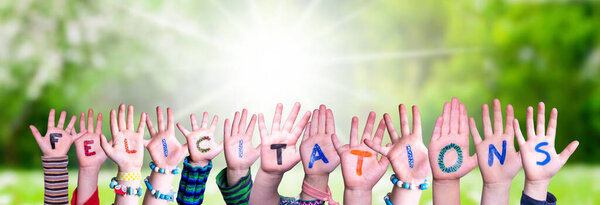 Children Hands Building Colorful French Word Felicitatins Means Congratulations Sunny — Stock Photo, Image