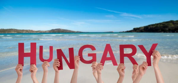 People Persons Hands Building English Word Hungary Summer Ocean Sea — Stock Photo, Image