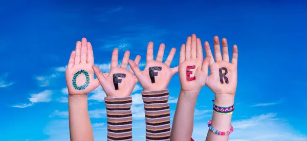 Children Hands Building Colorful English Word Offer Blue Sky Background — Stock Photo, Image