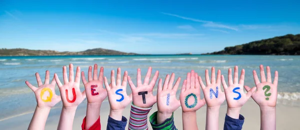 Children Hands Building Colorful English Word Questions Summer Sea Ocean — Stock Photo, Image