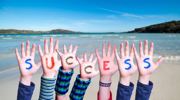 Children Hands Building Colorful English Word Success Summer Sea Ocean — Stock Photo, Image