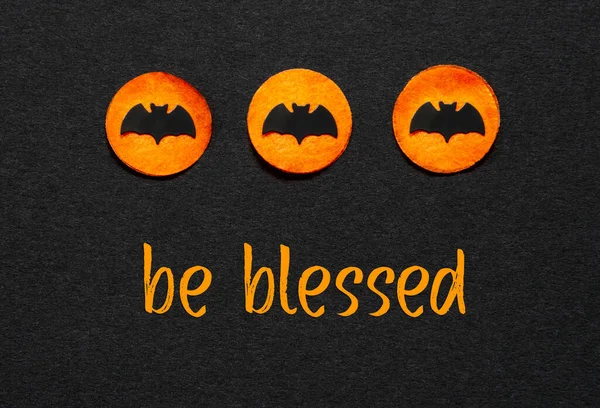 Black Halloween Background Three Orange Dots Bats Text Blessed — Stock Photo, Image