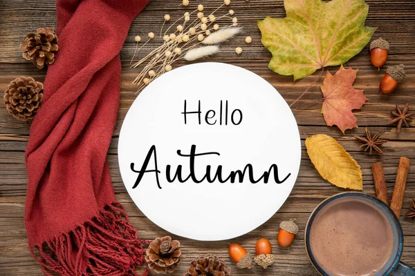 Autumn Decoration Flat Lay Colorful Maple Leaves Cozy Atmosphere Label — Stock Photo, Image