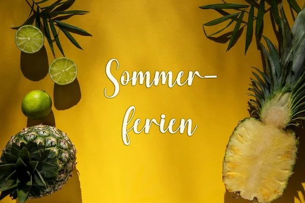 Yellow Flat Lay German Text Sommerferien Means Summer Vacation Жовте — стокове фото