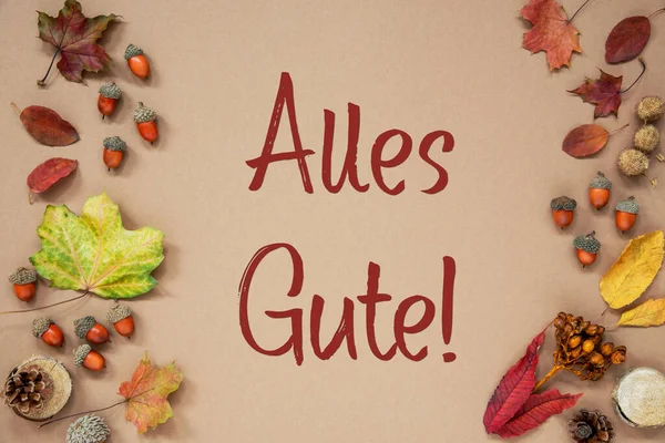 Podzimní Pozadí Podzimní Výzdobou Žaludy Podzimními Listy Německým Textem Alles — Stock fotografie