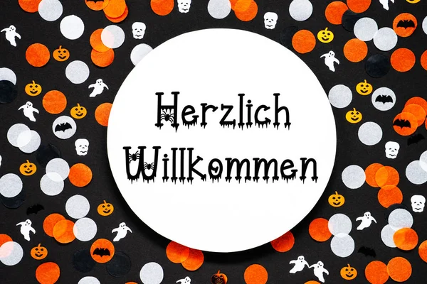 Dekorace Halloween Podzim Oranžové Černé Bílé Německým Textem Herzlich Willkommen — Stock fotografie