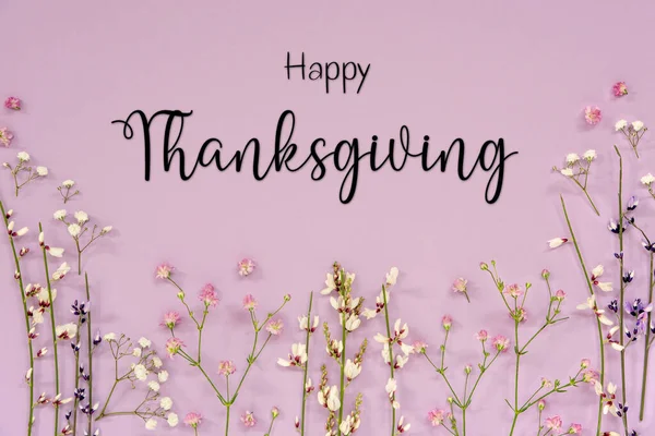 White And Purple Flower Arrangement With English Text Happy Thanksgiving. Lavender Color Paper Background