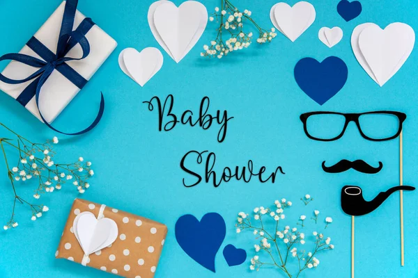 Flat Lay Com Inglês Texto Bebê Chuveiro Acessórios Azuis Como — Fotografia de Stock