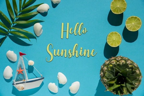Flat Lay English Text Hello Sunshine Turquoise Blue Background Wit — Stock Photo, Image