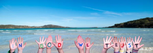 Children Hands Building Colorful English Word God Trust Summer Ocean — Stock Photo, Image