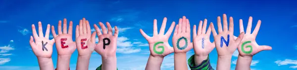 Children Hands Building Colorful English Word Keep Going Blue Sky — Stock Photo, Image