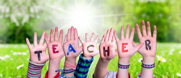 Children Hands Building Colorful English Word Teacher Sunny Green Grass — Stock Photo, Image