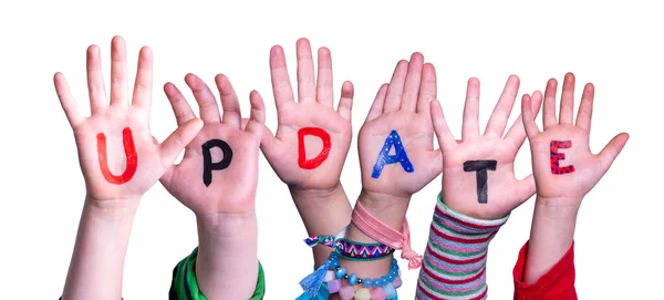 Children Hands Building Colorful English Word Update Isolated White Background — Stock Photo, Image
