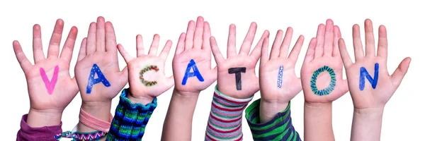 Crianças Mãos Construindo Colorido Inglês Palavra Férias Fundo Branco Isolado — Fotografia de Stock