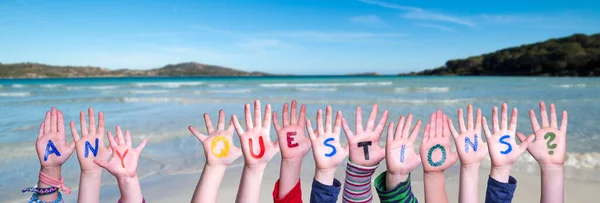 Children Hands Building Colorful English Word Any Questions Summer Ocean — Stock Photo, Image
