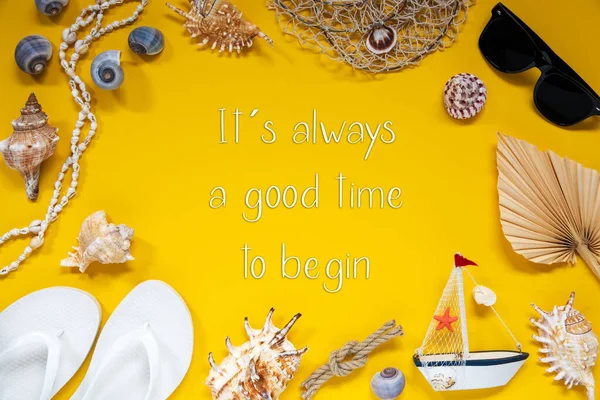 Flat Lay English Quote Always Good Time Begin Yellow Background — Stock Photo, Image