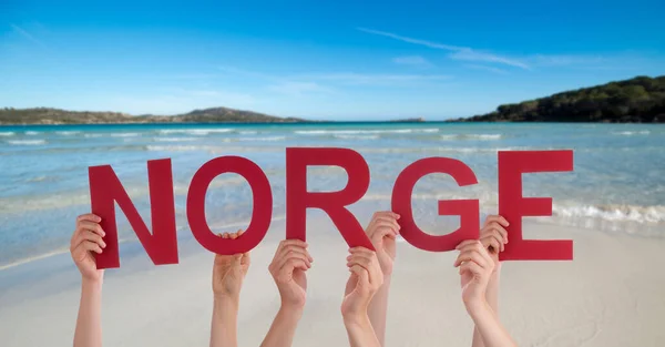 People Persons Budowanie Norweskiego Słowa Norge Oznacza Norwegię Ocean Letni — Zdjęcie stockowe