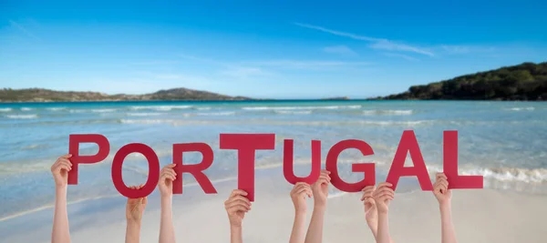 Människor Eller Personer Händer Bygga Engelska Word Portugal Sommar Hav — Stockfoto