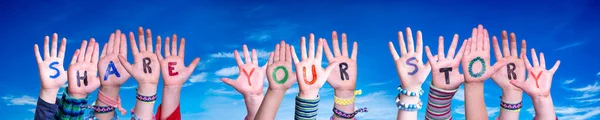 Children Hands Building Colorful English Word Share Your Story Blue — Stock Photo, Image